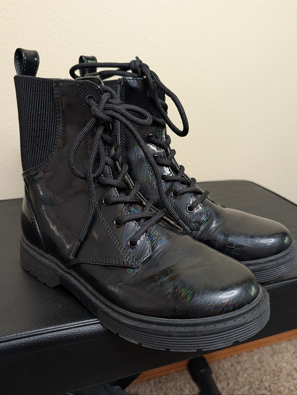 Art Class Black Holographic Iridescent Combat Boots Lace Up Girls Size 4